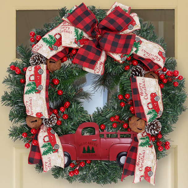 Christmas Door Wreath 20inch, Artificial Red Truck Winter Wreath with Hook Pine Branches Wreath for Front Door Outdoor, Plaid Bow Christmas Wreaths for Windows Wall Home Décor Ornaments