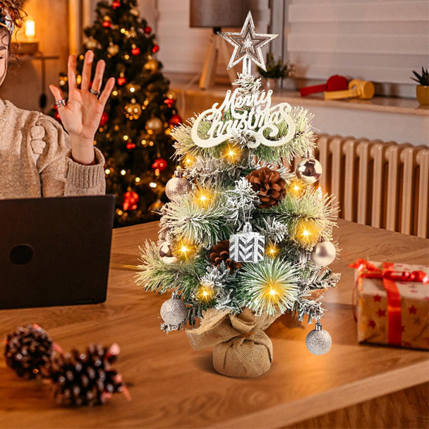 Mini Christmas Tree with Lights，21" Small Christmas Tree with Lights, Startree Topper, Merry Christmas Alphabet, Pine Cones, Hanging Balls for Tabletop, Xmas Decor