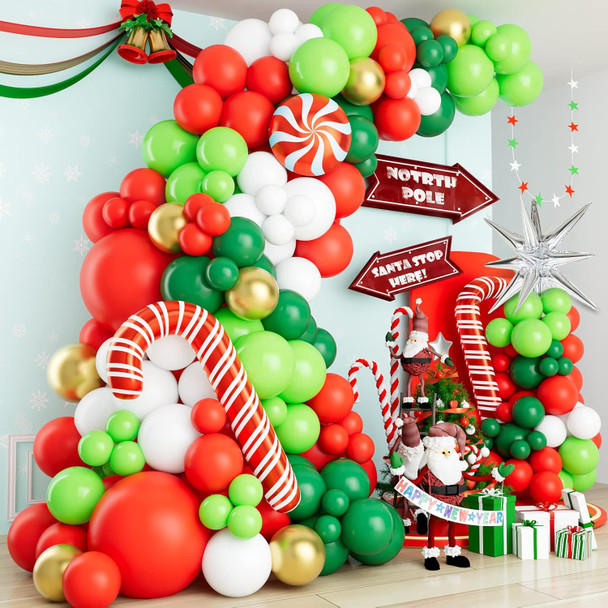 Christmas Balloon Garland Arch Kit with Xmas Red Dark Green White Gold Lime Green Balloon Candy Balloon Cane Balloon Silver Siamese Exploding Star Balloon for Christmas Party Decorations