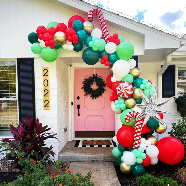 Christmas Balloon Garland Arch Kit with Xmas Red Dark Green White Gold Lime Green Balloon Candy Balloon Cane Balloon Silver Siamese Exploding Star Balloon for Christmas Party Decorations