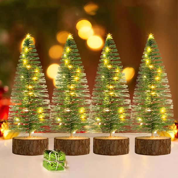 4 Pcs Mini Christmas Trees, 8 Inch Artificial Christmas Bottle Brush Trees with Fairy Lights Battery Powered Tabletop Tree Decoration (Warm White)