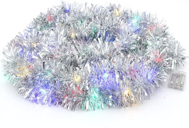 CCINEE Christmas Prelit Tinsel Garland, 33 Ft Silver Hanging Garland with 100 Multicolored Battery Operated LED String Lights for Christmas Tree Decorations Wedding Party Supplies