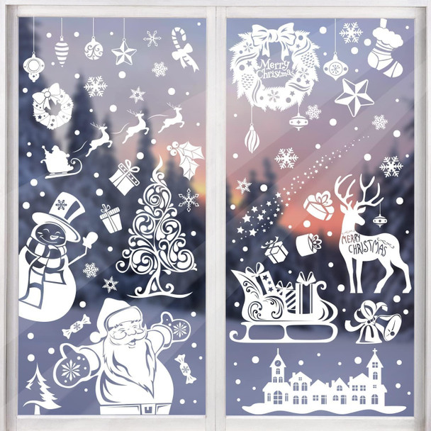 CCINEE Christmas Window Clings, 167pcs White Xmas Window Sticker 8 Sheets Snowflakes Santa Claus Reindeer Decals for Holiday Decoration Glass Window
