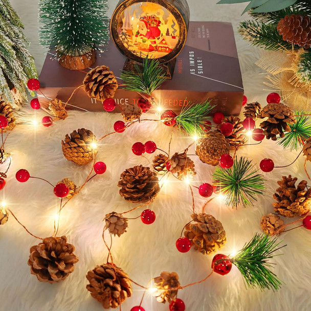 CCINEE 6.56ft Christmas Pine Cone Garland, Light up Garland String Lights Battery Operated Christmas Decor with Red Berry Pine Cone Indoor Decorations for Fireplace