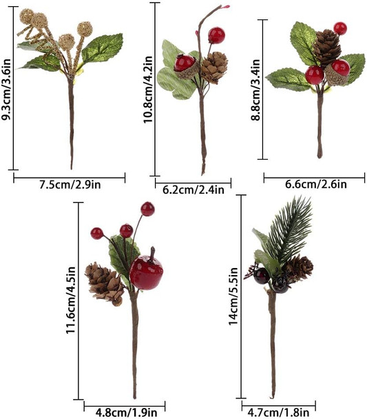Gentlecarin Artificial Pine Picks, 30pcs Christmas Red Berries Pine Cones Stems, Mini Stimulation Red Berries Branches for Xmas Flower Arrangements Wreaths Decorations
