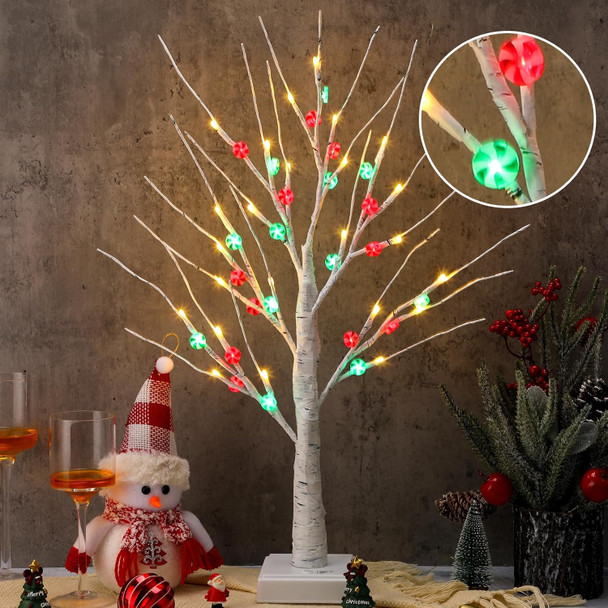 Ceenna Christmas Decor 17.7 Inches Lighted Birch Tree with 48 LED Lights, White Birch Tree with Battery Powered Timer, Tabletop Mini Artificial Tree for Winter Xmas Party Decor Home(Candy Style)