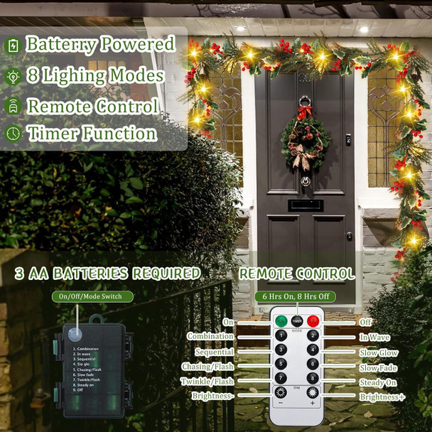 Ceenna 2 Pcs Prelit Christmas Garland with Globe Lights, 12 ft 20 Led Lighted Pine Cone Holly Berry Garland Battery Operated with 8 Modes Timer Remote for Home Fireplace Holiday Decorations (Red)