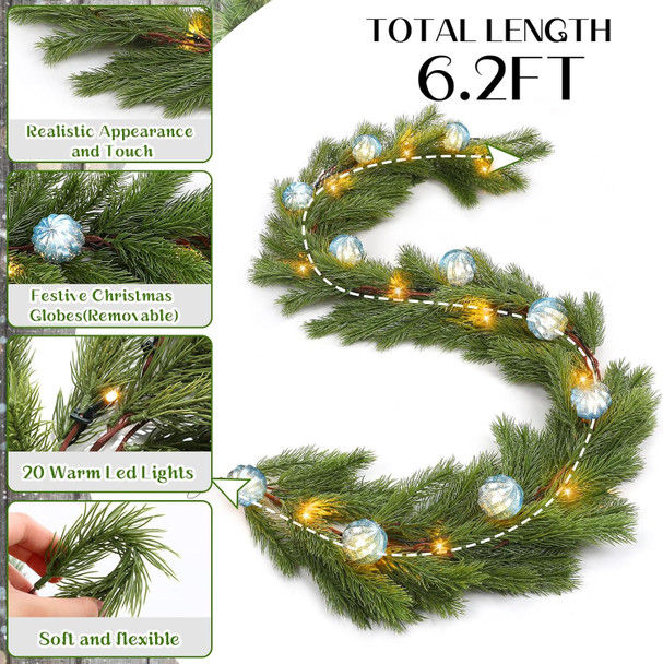 Ceenna 6.2FT Pre Lit Christmas Cedar Garland with Lights Artificial Pine Garland Christmas Decorations with Ball Ornaments,8 Modes Timer Battery Operated for Outdoor Indoor(Light Blue)