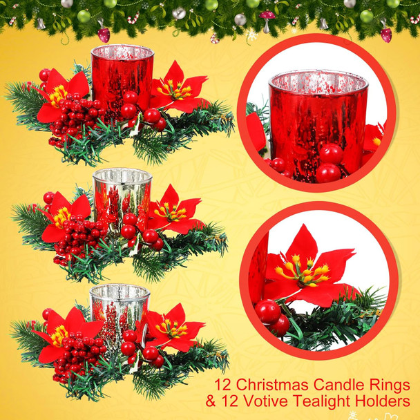 Ceenna Set of 24 Christmas Candle Holders with Christmas Candle Rings, 12 Glass Votive Tealight Holders 12 Candle Rings Wreaths Table Party Ornament for Christmas (Poinsettia)