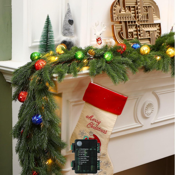 Ceenna 6.2FT Pre Lit Christmas Cedar Garland with Lights Artificial Pine Garland Christmas Decorations with Ball Ornaments,8 Modes Timer Battery Operated for Outdoor Indoor(Red, Green, Gold, Blue)