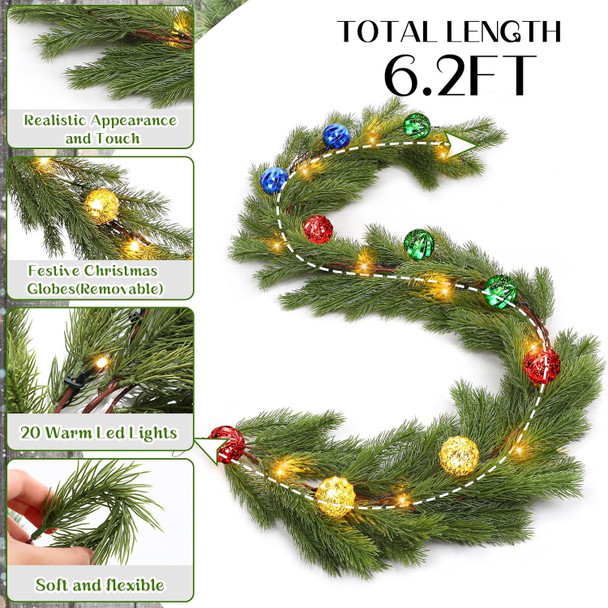 Ceenna 6.2FT Pre Lit Christmas Cedar Garland with Lights Artificial Pine Garland Christmas Decorations with Ball Ornaments,8 Modes Timer Battery Operated for Outdoor Indoor(Red, Green, Gold, Blue)