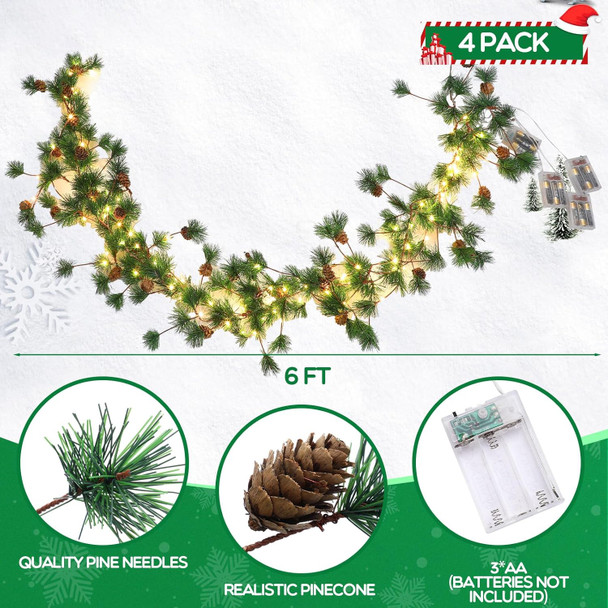 Ceenna 4 Pcs Christmas Garland with Lights, Pre Lit 6 ft Cones Berry Battery Operated Pine Garland, 25 LED Lights Christmas Decorations for Outdoor Fireplace Mantel Home Rooms (Pine Cone Style)