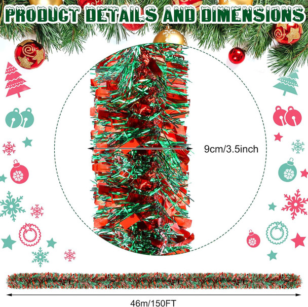 Ceenna 150 Feet Christmas Tinsel Garland Metallic Twist Garland Shiny Hanging Garland Ornaments for Christmas Tree Party Supplies Indoor and Outdoor Decoration (Red Green)