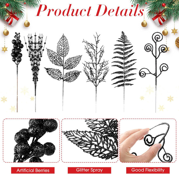 Ceenna 48 Pcs Glitter Christmas Tree Picks and Sprays Artificial Christmas Berries Stems Branches Beaded Stick Floral Twig Spray Leaves for Xmas Tree Ornaments DIY Vase Wreath Crafts(Black)