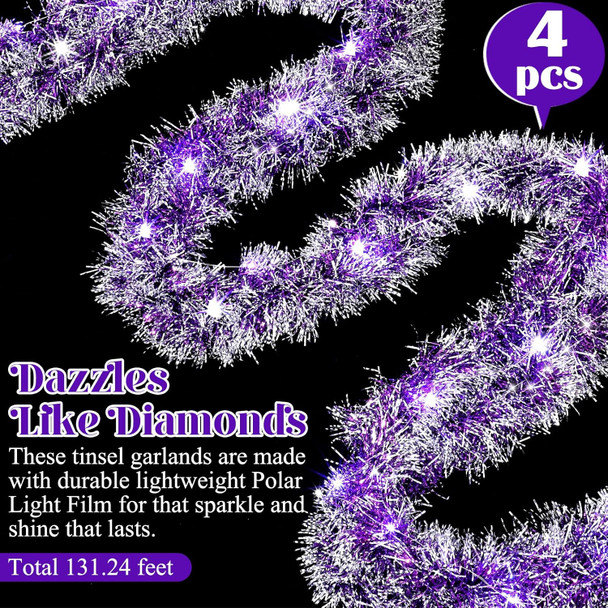 Ceenna 32.8 Feet by 3.5 Inch Christmas Tinsel Garland with 32.8 Feet 100 LED Lights for Xmas Tree Party Christmas Decorations, Room Decor, Wedding, Birthday, Party Supplies (4 Pcs,Purple)