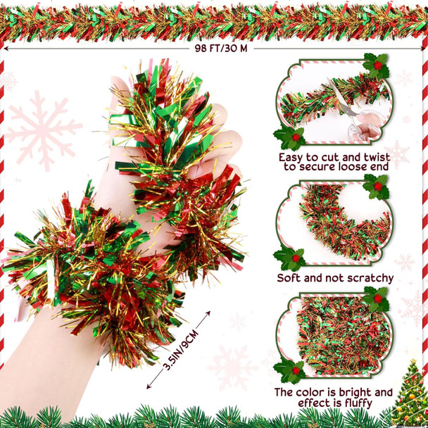 Ceenna 98 Feet Christmas Tinsel Garland Tree Decorations Ornament Glitter Metallic Twist Tinsel Xmas Garlands for Home Indoor Outdoor Weddings Party Supplies(Colorful)