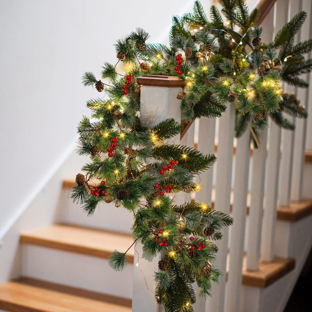 Ceenna 6 Pcs Christmas Garland with Lights, Pre Lit 6 ft Cones Berry Battery Operated Pine Garland, 25 LED Lights Christmas Decorations for Outdoor Fireplace Mantel Home Rooms (Red Berry)
