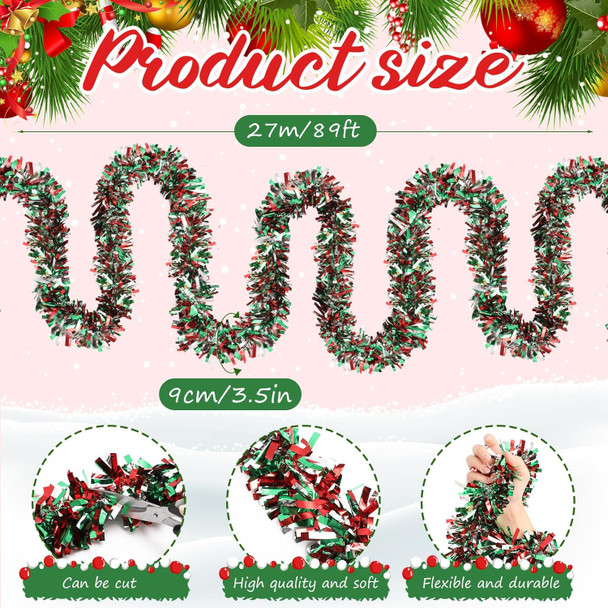 Ceenna 89FT Christmas Tree Tinsel Garland Christmas Metallic Streamers Twist Garland Hanging Decorations for Home Celebrate Holiday Year Wedding Birthday Party Indoor Outdoor Supplies(Multicolor)