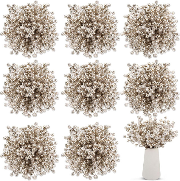 Censen 50 Pieces Artificial Holly Berry Stem Picks with Snowflake Frosted Christmas Tree Branches Fillers Ornaments Snowy Berry Twig Branches for Xmas Garland Wreath Winter Home Decor (Champagne)