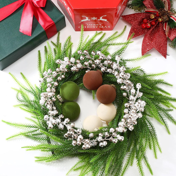 Censen 50 Pieces Artificial Holly Berry Stem Picks with Snowflake Frosted Christmas Tree Branches Fillers Ornaments Snowy Berry Twig Branches for Xmas Garland Wreath Winter Home Decor (Champagne)