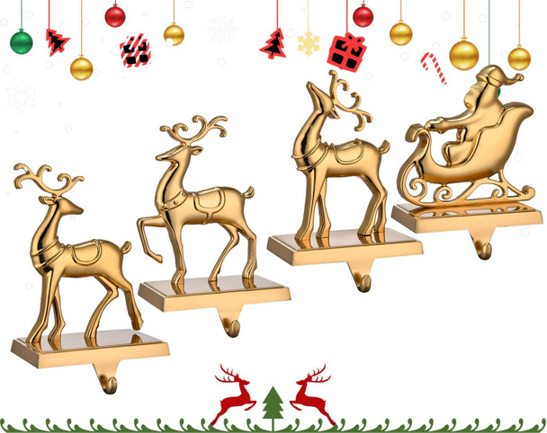 Antique Gold Reindeer & Sleigh Stocking Holder Set for Mantle Set of 4,Deer Stocking Hangers for Firepiece,Christmas Decorations Mantel Hanger for Stocking/Garland (Retro Gold) Antique Gold Reindeer & Sleigh Stocking Holder Set for Mantle Set of 4,Deer Stocking Hangers for Firepiece,Christmas Decorations Mantel Hanger for Stocking/Garland (Retro Gold)