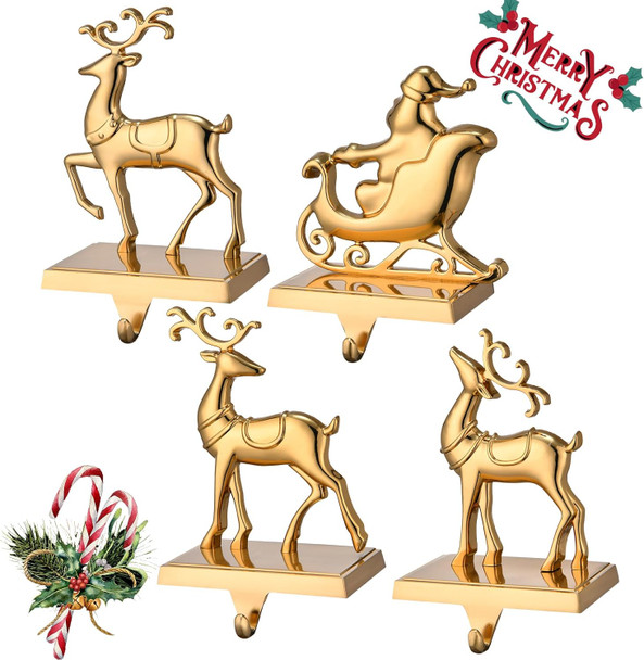 Antique Gold Reindeer & Sleigh Stocking Holder Set for Mantle Set of 4,Deer Stocking Hangers for Firepiece,Christmas Decorations Mantel Hanger for Stocking/Garland (Retro Gold) Antique Gold Reindeer & Sleigh Stocking Holder Set for Mantle Set of 4,Deer Stocking Hangers for Firepiece,Christmas Decorations Mantel Hanger for Stocking/Garland (Retro Gold)