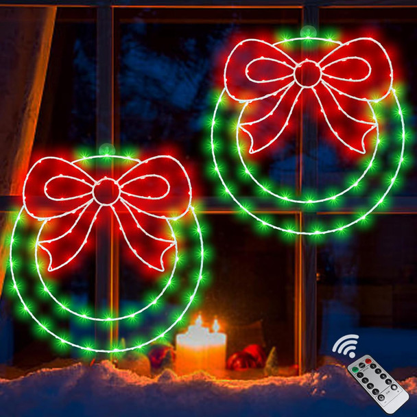 CESOF Christmas Window Lights Decorations, 2 Pack 13.5 in Lighted Christmas with Bow, Remote Control Timer USB Powered Silhouette Lights for Indoor Door Wall Home Xmas Party Decor
