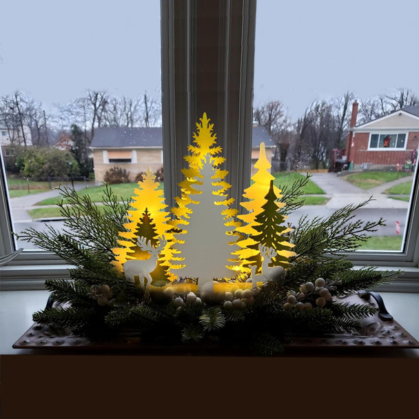 Wooden Christmas Tree Tabletop Decorations, LED Light up Wooden Christmas Ornaments 10inch 2AA Battery Powered for Xmas Home Holiday Party Décor