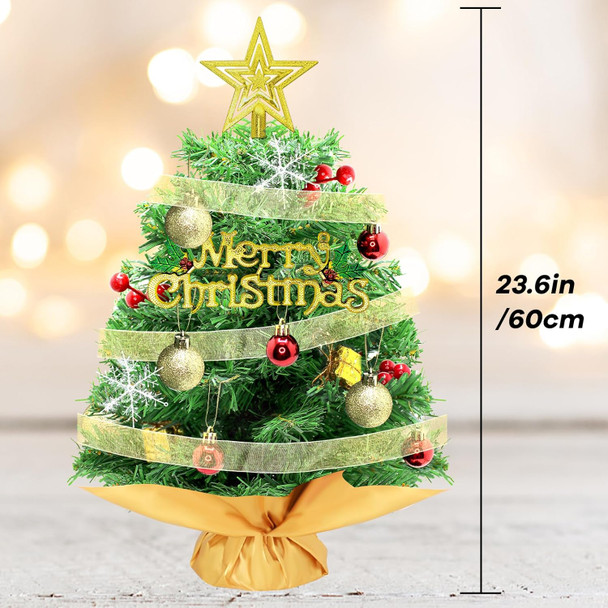 24 Inch Small Christmas Tree, Tabletop Christmas Tree with Star Treetop, Ornaments Balls, Merry Christmas Placard, Snowflakes, Golden Ribbon, Ornaments and Red Berries, Christmas Table Decorations