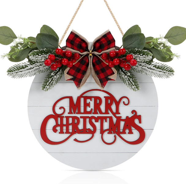 CHDITB Cute Merry Christmas Wooden Front Door Wreath(11.4”x11.4”), Farmhouse 3D Christmas Decor Hanging Sign with Red Plaid Bow Berries Mistletoe, Housewarming for Xmas Winter Holiday Year