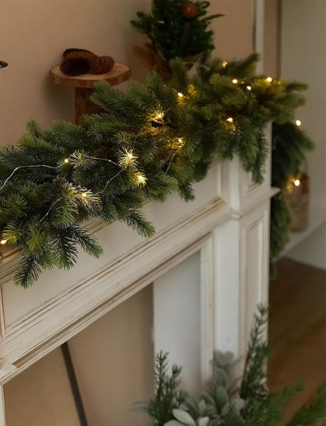 Pre Lit 9Ft Realistic Norfolk Pine Christmas Garland with 70 LED Lights, with Pine Cones Red Berries Lush Branches, for Christmas Decor Mantle Fireplace Indoor Outdoor Home Door