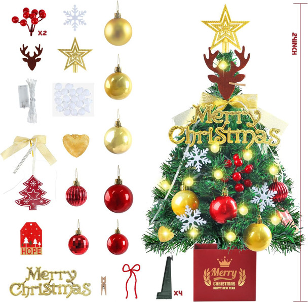 Mini Christmas Tree, 24 Inch Small Christmas Tree, Artificial Table Top Christmas Trees with Lights, Star Treetop and Ornaments, DIY Christmas Decoration, Holiday Decorations Xmas Indoor, Home Decor