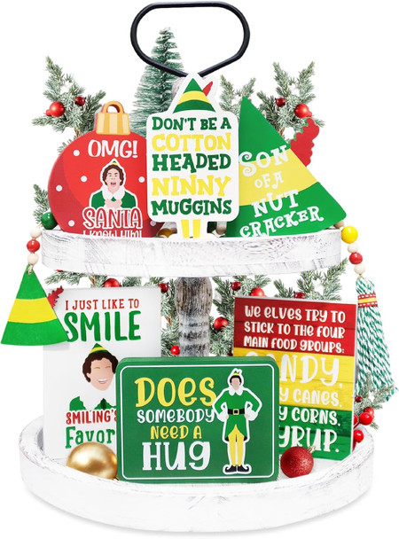 Funny Elf Christmas Decorations, Cute Holiday Tiered Tray Decor, Buddy The Elf Wooden Bead Garland, Farmhouse Decor for Table Mantel, Christmas Elf Wood Signs Party Favor, Novelty White Elephant s