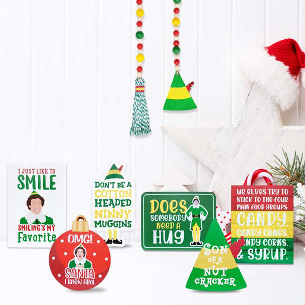 Funny Elf Christmas Decorations, Cute Holiday Tiered Tray Decor, Buddy The Elf Wooden Bead Garland, Farmhouse Decor for Table Mantel, Christmas Elf Wood Signs Party Favor, Novelty White Elephant s