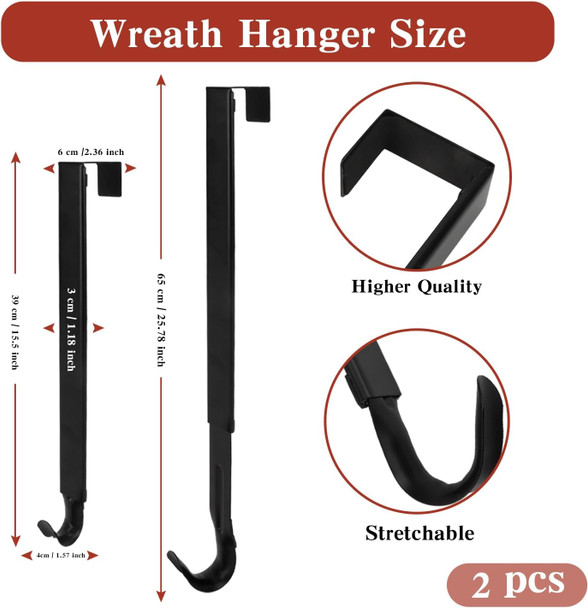 Wreath Door Hanger, Black Wreath Hanger for Front Door, Adjustable Wreath Hanger from 15 to 25 Inches Wreath Hanger, Metal Door Wreath Hanger for Christmas, Thanksgiving, Easter Decorations Wreaths