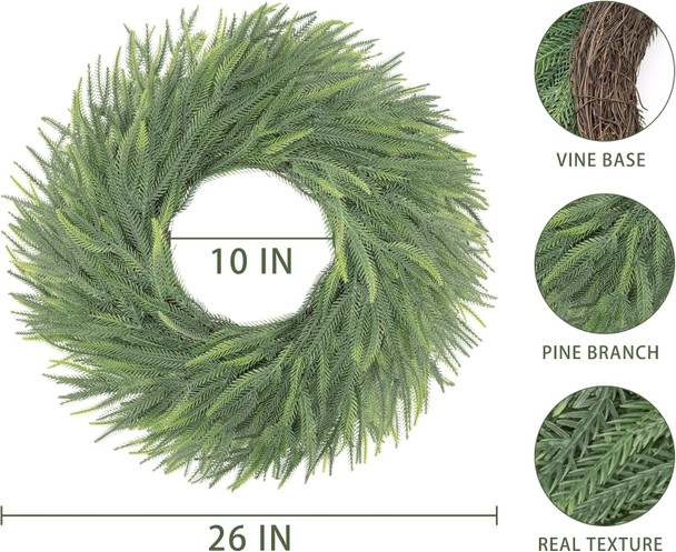 26 Inch Christmas Wreath for Front Door Real Touch Norfolk Pine Christmas Wreath Xmas Green Wreath Decoration Winter Wreath for Home Wall Fireplace Window Indoor Outdoor