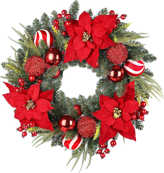 24 Inch Christmas Wreath, Artificial Christmas Wreath for Front Door, Decorated with Cypress Leaves, Christmas Flowers, Red Berries, Atmosphere Balls, Suitable for Indoor and Outdoor