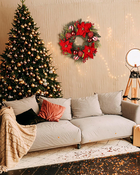 24 Inch Christmas Wreath, Artificial Christmas Wreath for Front Door, Decorated with Cypress Leaves, Christmas Flowers, Red Berries, Atmosphere Balls, Suitable for Indoor and Outdoor