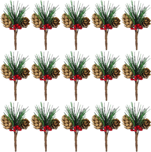 CHRORINE 15 Pcs Artificial Pine Cone Picks and Red Berry Mini Artificial Pine Tree for Christmas Party Flower Wreaths and Holiday Decorations