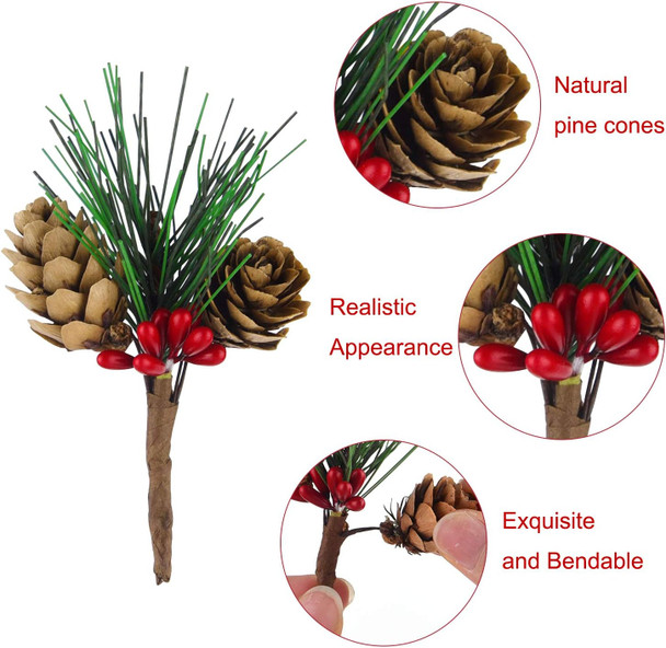 CHRORINE 15 Pcs Artificial Pine Cone Picks and Red Berry Mini Artificial Pine Tree for Christmas Party Flower Wreaths and Holiday Decorations