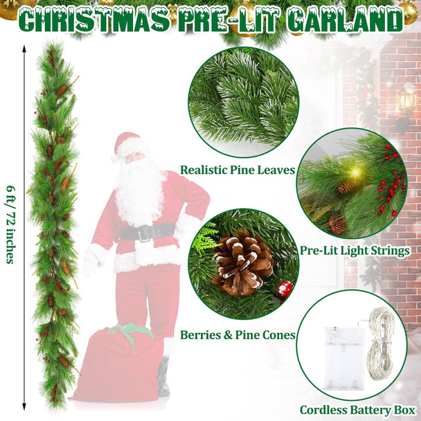 Chuangdi 6 ft Christmas Pine Garland with 20 LED Lights Battery Operated Pre-lit Artificial Pine Needle Garland with Pine Cones Berries Christmas Greenery Garland for Mantle Staircase Fireplace Decor
