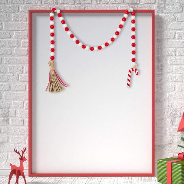 Chuangdi Christmas Wooden Bead Garland Wreath with Tassels 39 INES Decorated with Candy Canes Wood Bead Garland for Christmas Tree Tiered Tray Decor Home Farmhouse Wall Hanging Ornaments(Red White)