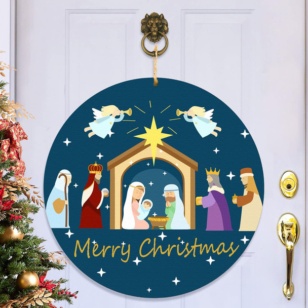 Nativity Scene Wooden Door Decor Merry Christmas Wreath Sign Holy Nativity Wreath Religious Nativity Door Decoration Christmas Farmhouse Wall Hanging Decorations with Rope for Home