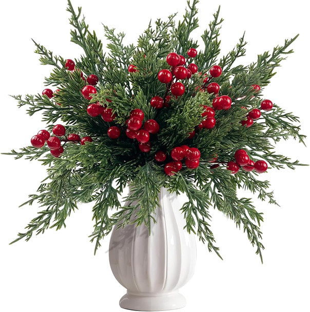 CIEOVO 60 Pcs Christmas Artificial Pine Branches with Red Berry Stems, Faux Evergreen Norfolk Pine Cypress Leaves Stems- Fake Foliage Pine Needles Picks for DIY Wreath Xmas Garlands Home Decoration