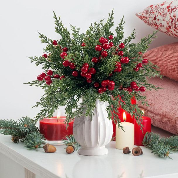 CIEOVO 60 Pcs Christmas Artificial Pine Branches with Red Berry Stems, Faux Evergreen Norfolk Pine Cypress Leaves Stems- Fake Foliage Pine Needles Picks for DIY Wreath Xmas Garlands Home Decoration