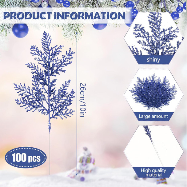 Cindeer 100 Pcs Christmas Tree Picks Sprays 10.24 Inch Glitter Artificial Pine Leaves Cedar Stems Faux Pine Needles Greenery Cedar Branches Ornament for Home Garland Wreath Winter Decor(Blue)