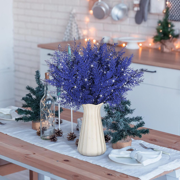 Cindeer 100 Pcs Christmas Tree Picks Sprays 10.24 Inch Glitter Artificial Pine Leaves Cedar Stems Faux Pine Needles Greenery Cedar Branches Ornament for Home Garland Wreath Winter Decor(Blue)