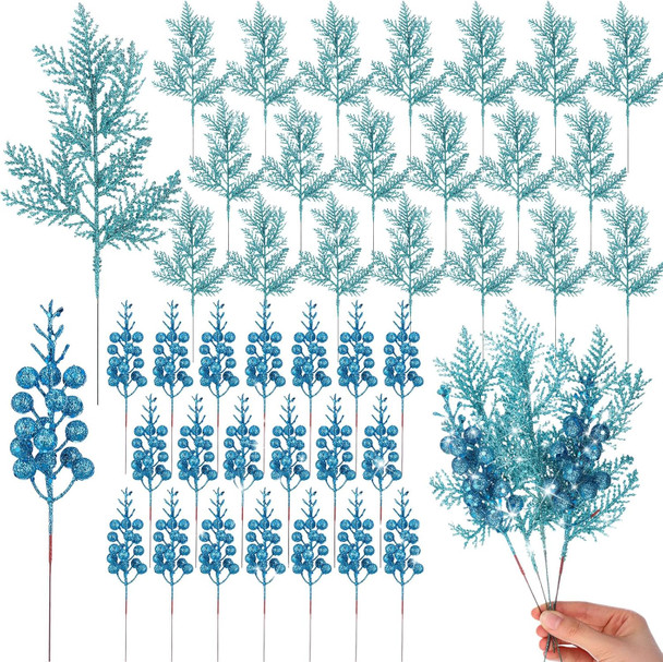 Cindeer 80 Pcs Christmas Glitter Berries Stems Pine Needles Christmas Artificial Picks Fake Floral Twig Spray for Xmas Tree Ornaments DIY Wreath Garland Decorations(Aquamarine)