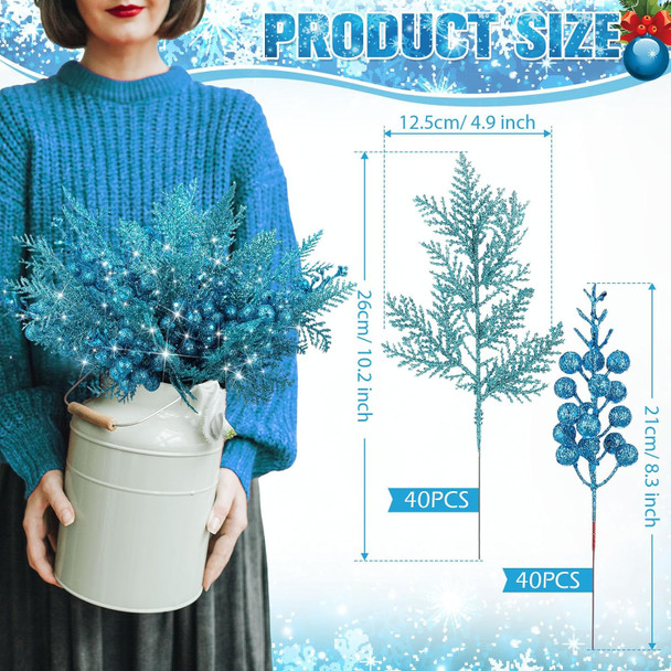 Cindeer 80 Pcs Christmas Glitter Berries Stems Pine Needles Christmas Artificial Picks Fake Floral Twig Spray for Xmas Tree Ornaments DIY Wreath Garland Decorations(Aquamarine)