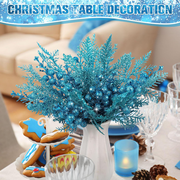 Cindeer 80 Pcs Christmas Glitter Berries Stems Pine Needles Christmas Artificial Picks Fake Floral Twig Spray for Xmas Tree Ornaments DIY Wreath Garland Decorations(Aquamarine)